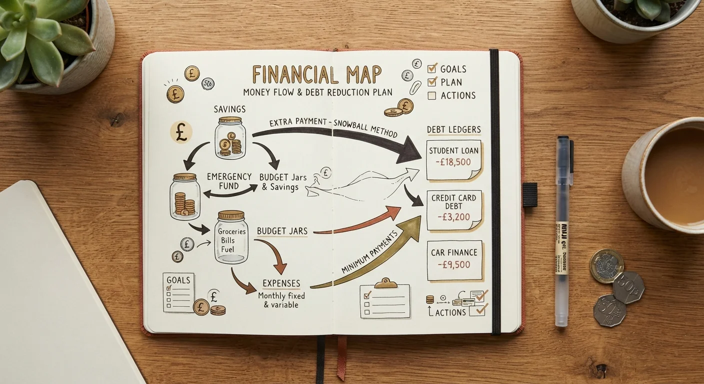 Notebook with hand-drawn financial map showing connections between savings jars and debt ledgers