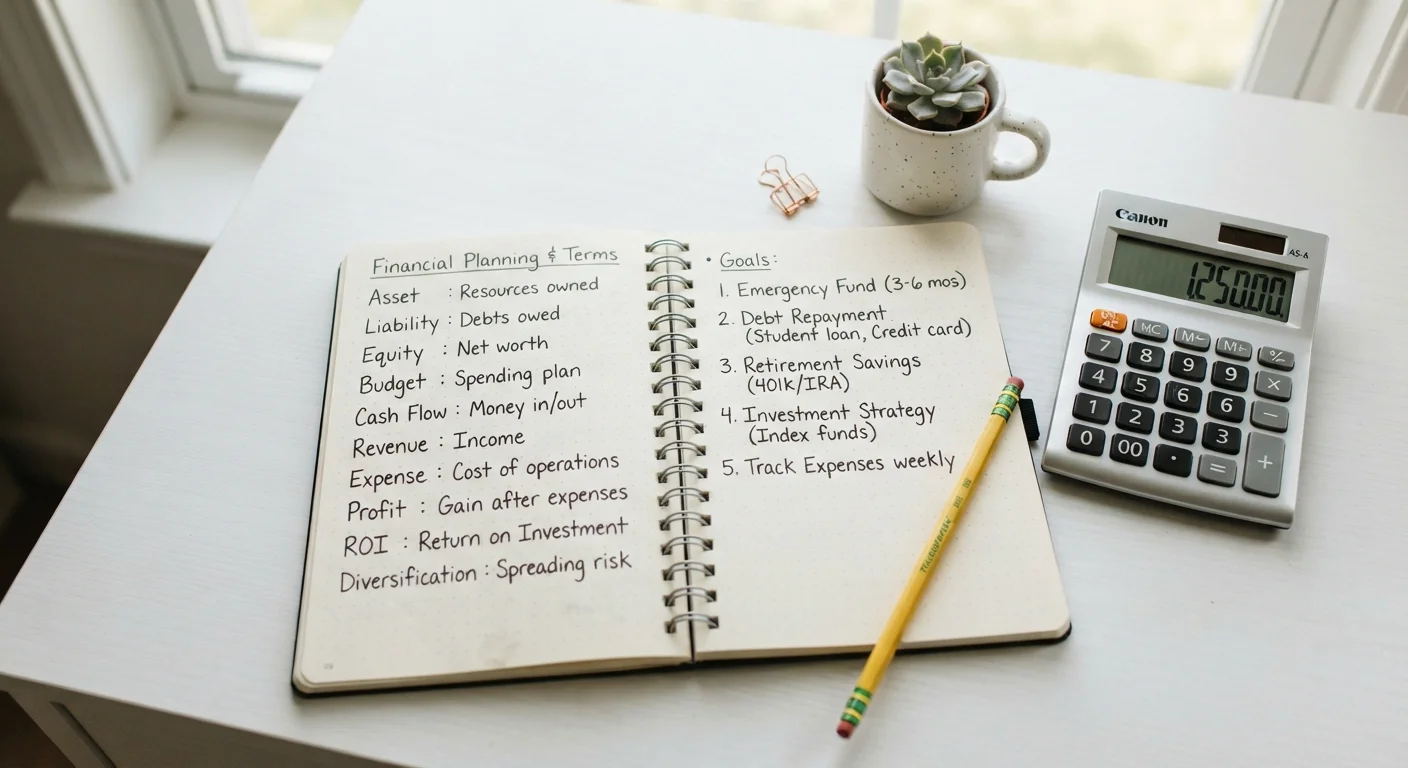 Notebook with handwritten financial terms beside a calculator on a white desk