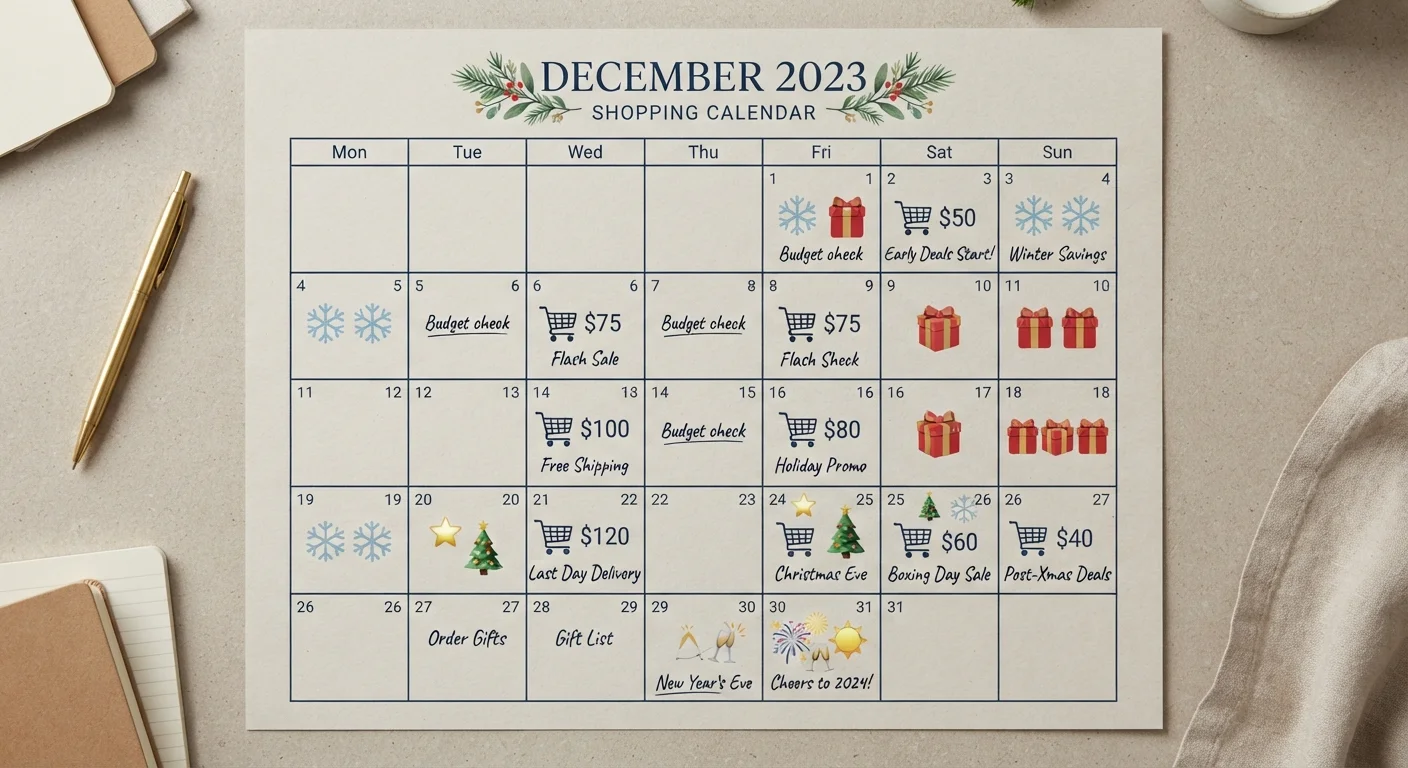 Calendar grid with shopping icons and seasonal symbols representing pricing cycles throughout the year