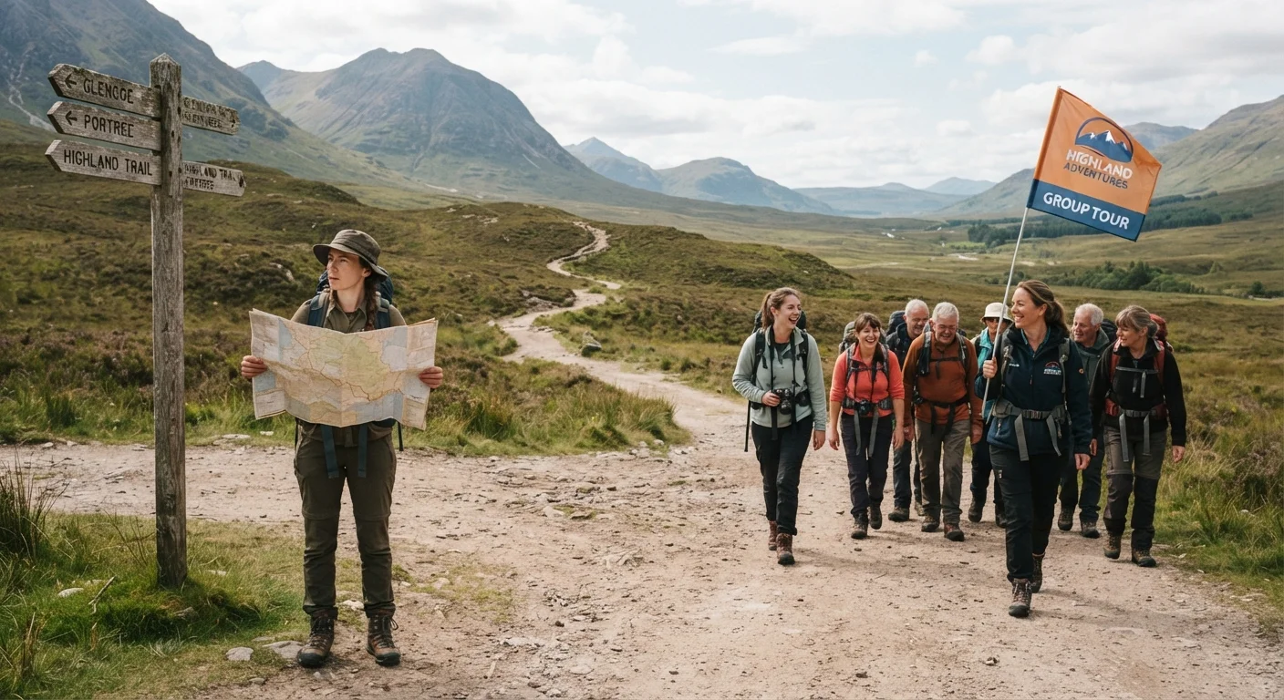 One traveler reading a map solo while another joins a tour group at a scenic destination