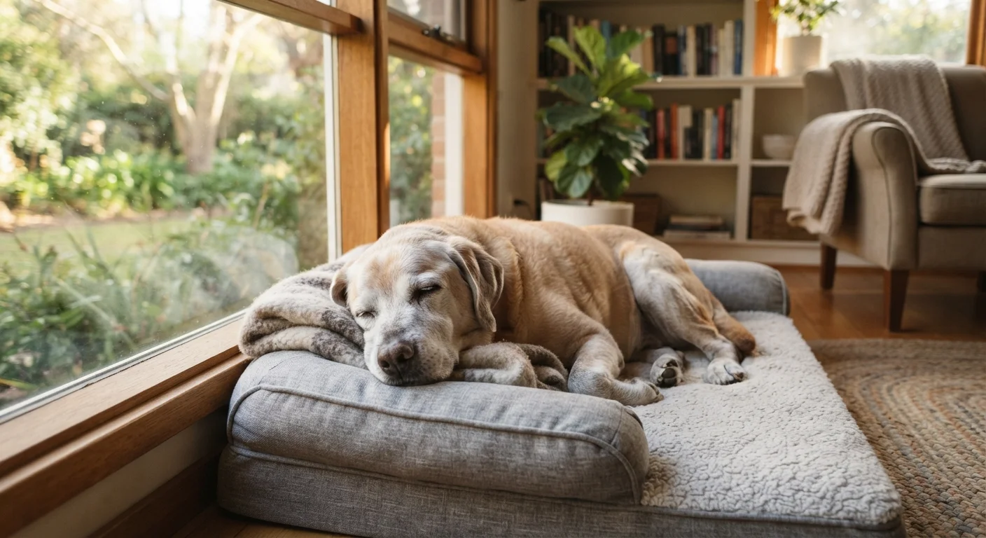 Senior dog with gray muzzle resting peacefully on an orthopedic bed near a sunny window