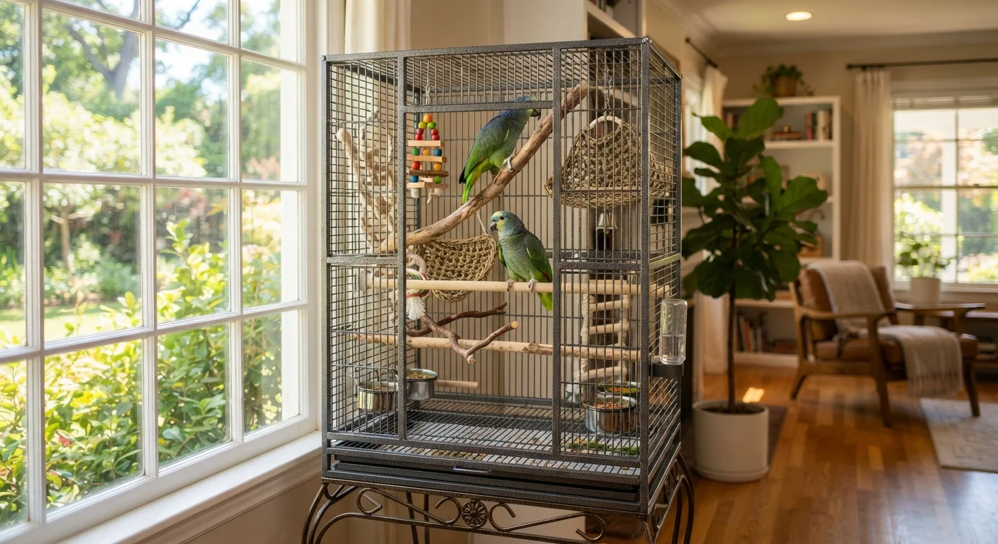A well-equipped bird cage with varied perches and toys placed near a sunlit window indoors