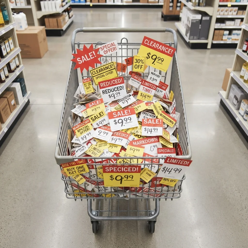 Shopping cart overflowing with sale tags and discount signs viewed from above