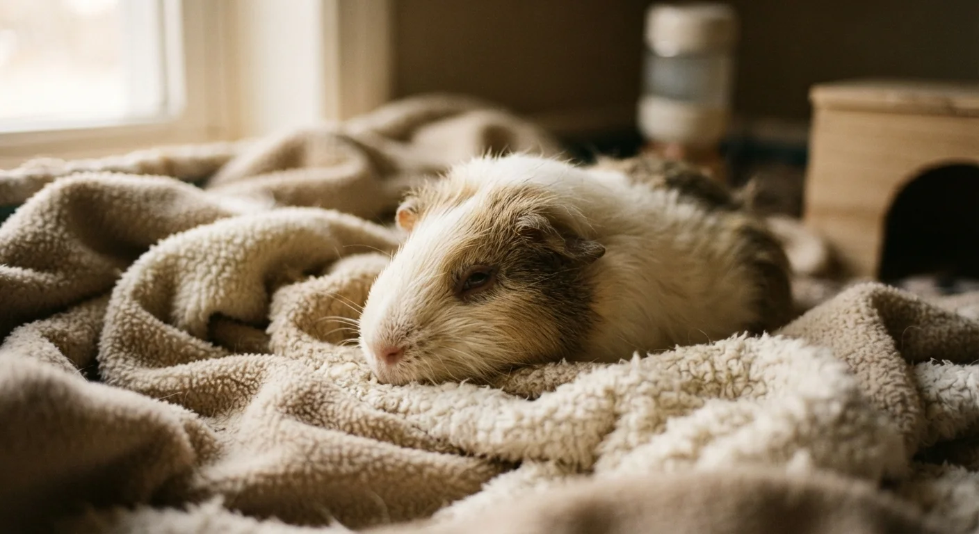 A small guinea pig resting quietly in bedding, appearing lethargic with dull, half-closed eyes