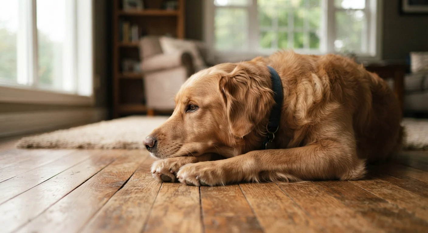 A dog lying quietly on the floor with a subdued, withdrawn expression suggesting discomfort