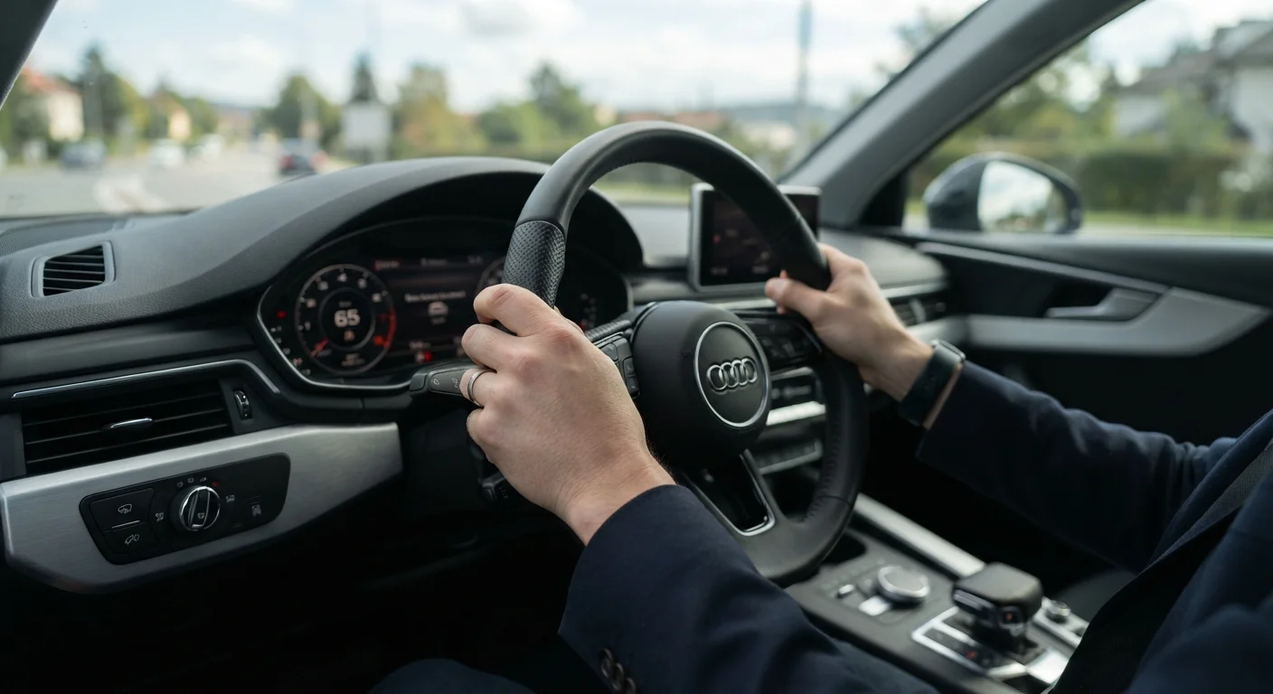 Driver gripping steering wheel attentively inside a car with dashboard visible in background