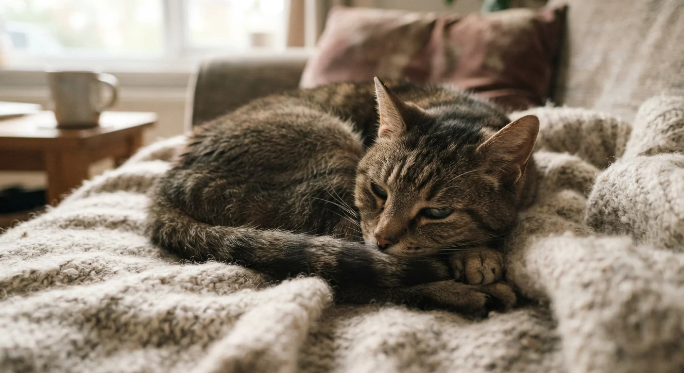 A cat lying curled on a blanket with a quiet, withdrawn expression indoors