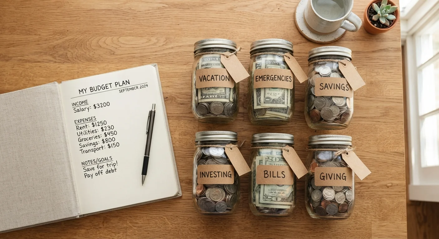Several labeled glass jars filled with coins representing sinking funds for different savings goals