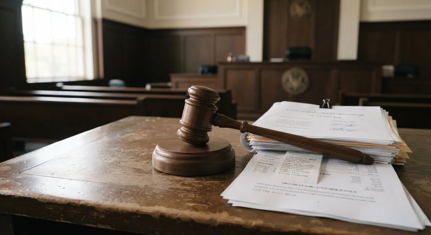 A judge's gavel on a courtroom desk beside receipts and legal documents