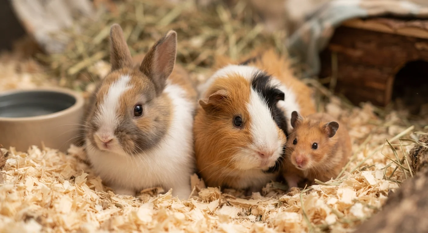 A rabbit, guinea pig, and hamster resting together on natural wood shavings in soft lighting