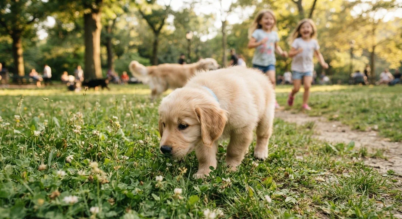 A young golden retriever puppy exploring an outdoor park setting, socializing with its environment