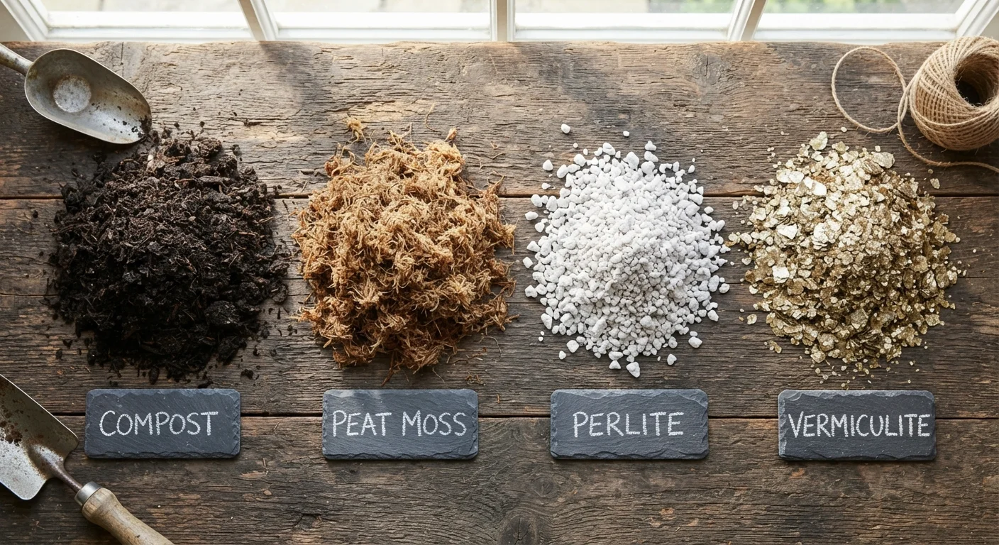 Four soil amendments arranged side by side: dark compost, peat moss, white perlite, and vermiculite
