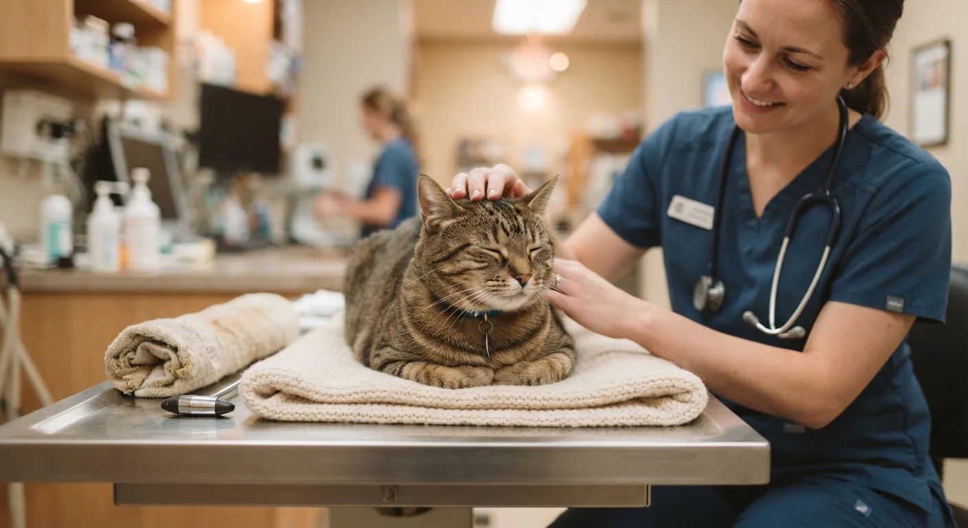 A relaxed tabby cat resting on a veterinary examination table in a clinic
