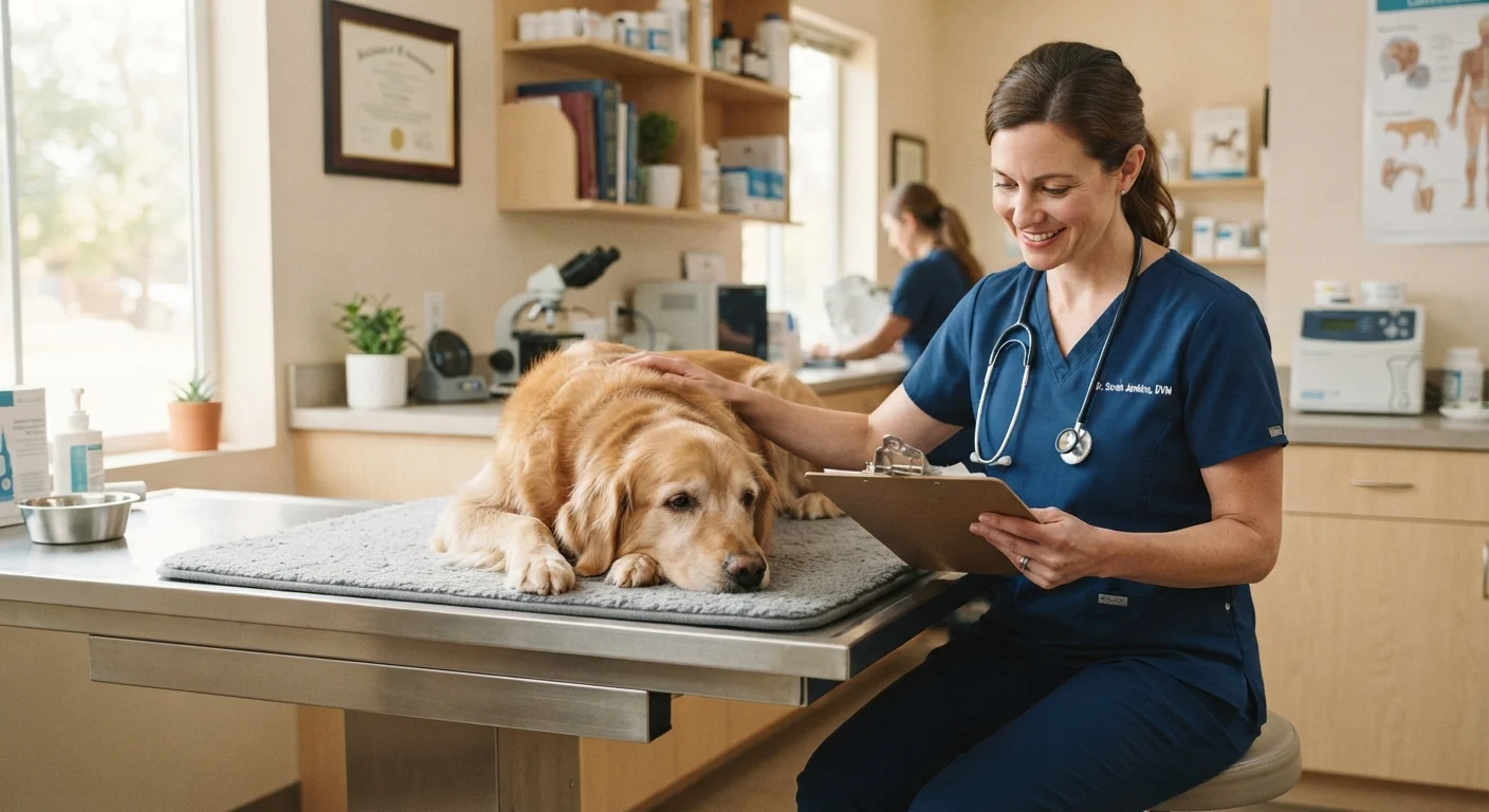A veterinarian reviewing health documents beside a calm dog on an exam table in a clinic.