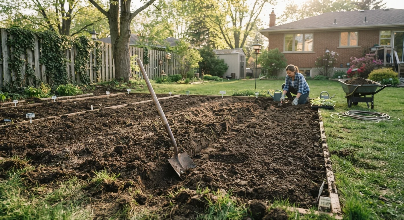 A first-time gardener turning bare ground into a prepared garden bed with a spade in morning sunlight