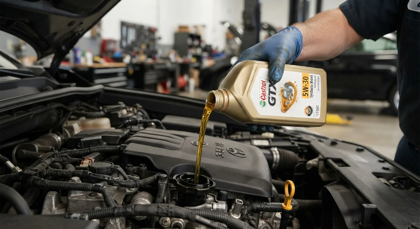 Mechanic holding a motor oil bottle over an open car engine bay during an oil change
