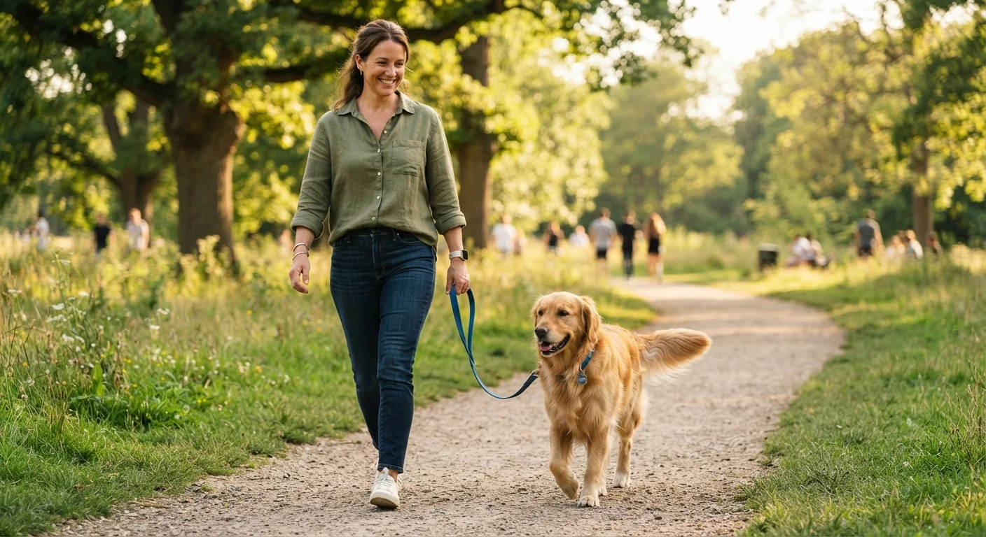 A dog walking calmly on a loose leash beside its owner in a park