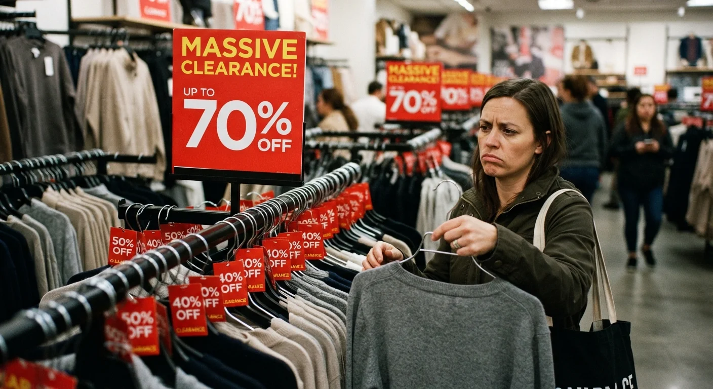 Bold red sale signs hanging above retail shelves suggesting discounts that may be misleading