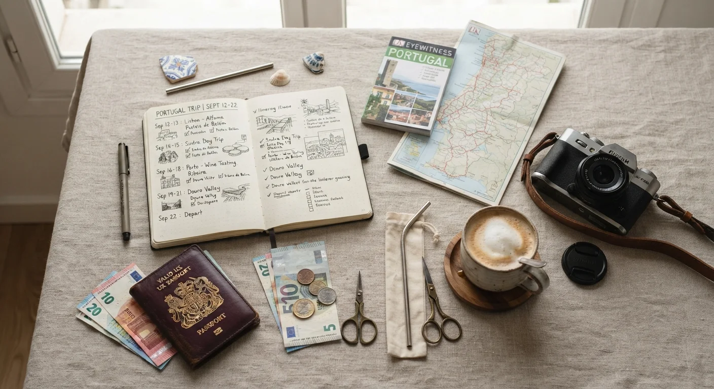 Flat lay of travel planning essentials including a notebook, passport, map, and camera