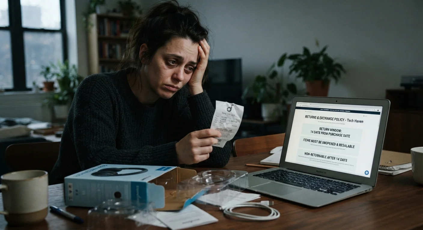 Shopper holding crumpled receipt beside discarded packaging and a laptop showing a return policy