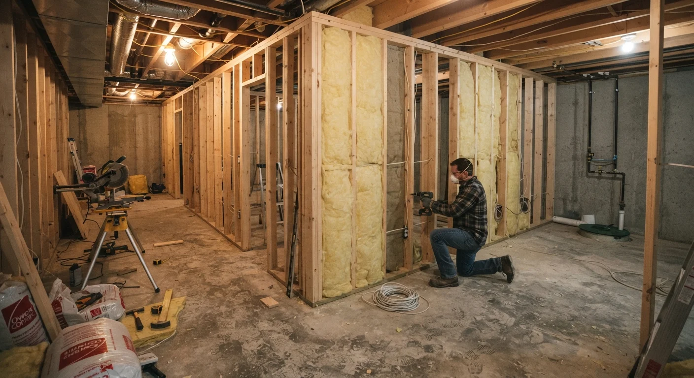 Basement renovation in progress showing framed walls, insulation, and concrete floor