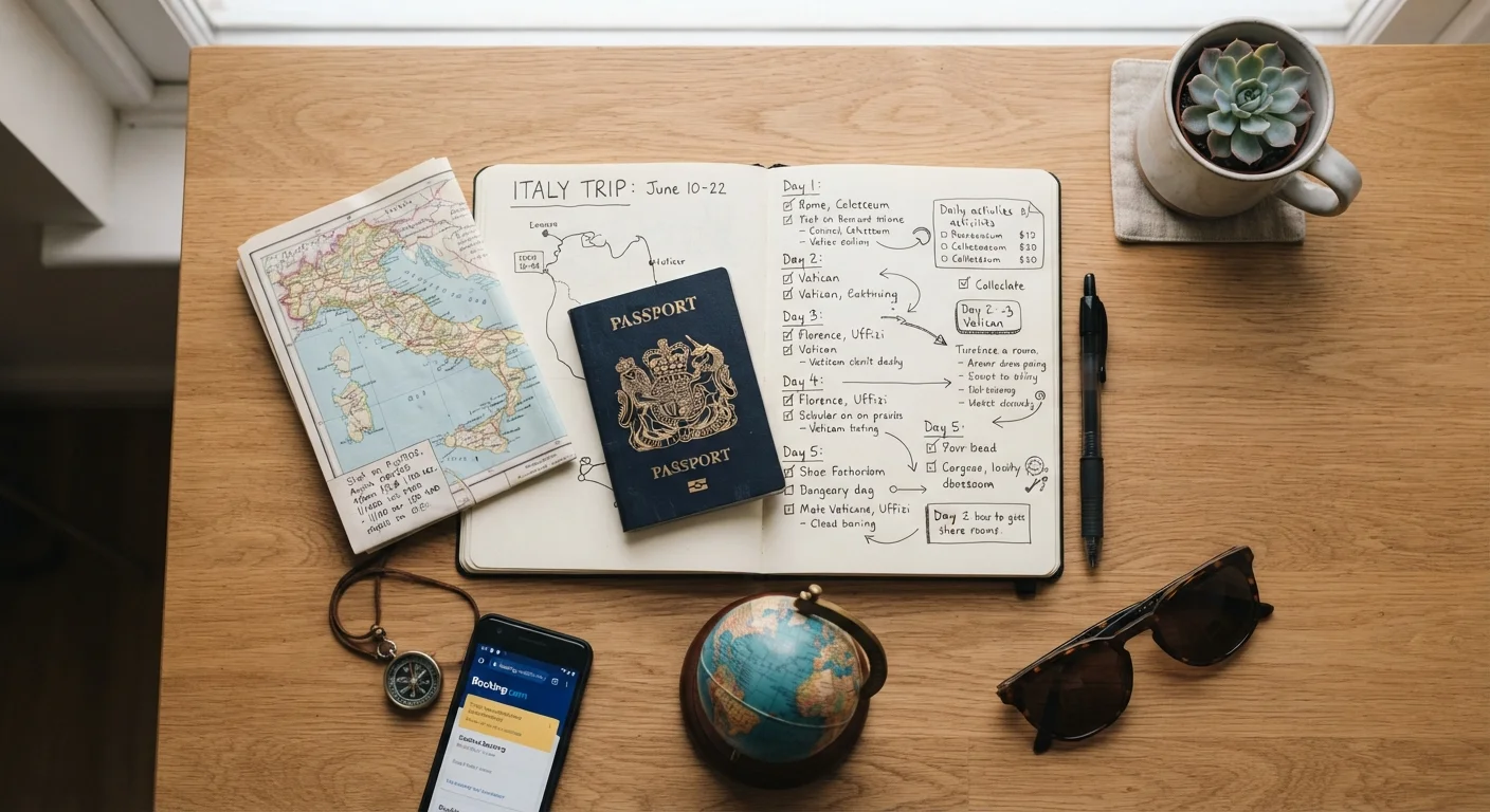 Travel planning flat lay with notebook, passport, map, and globe on wooden desk