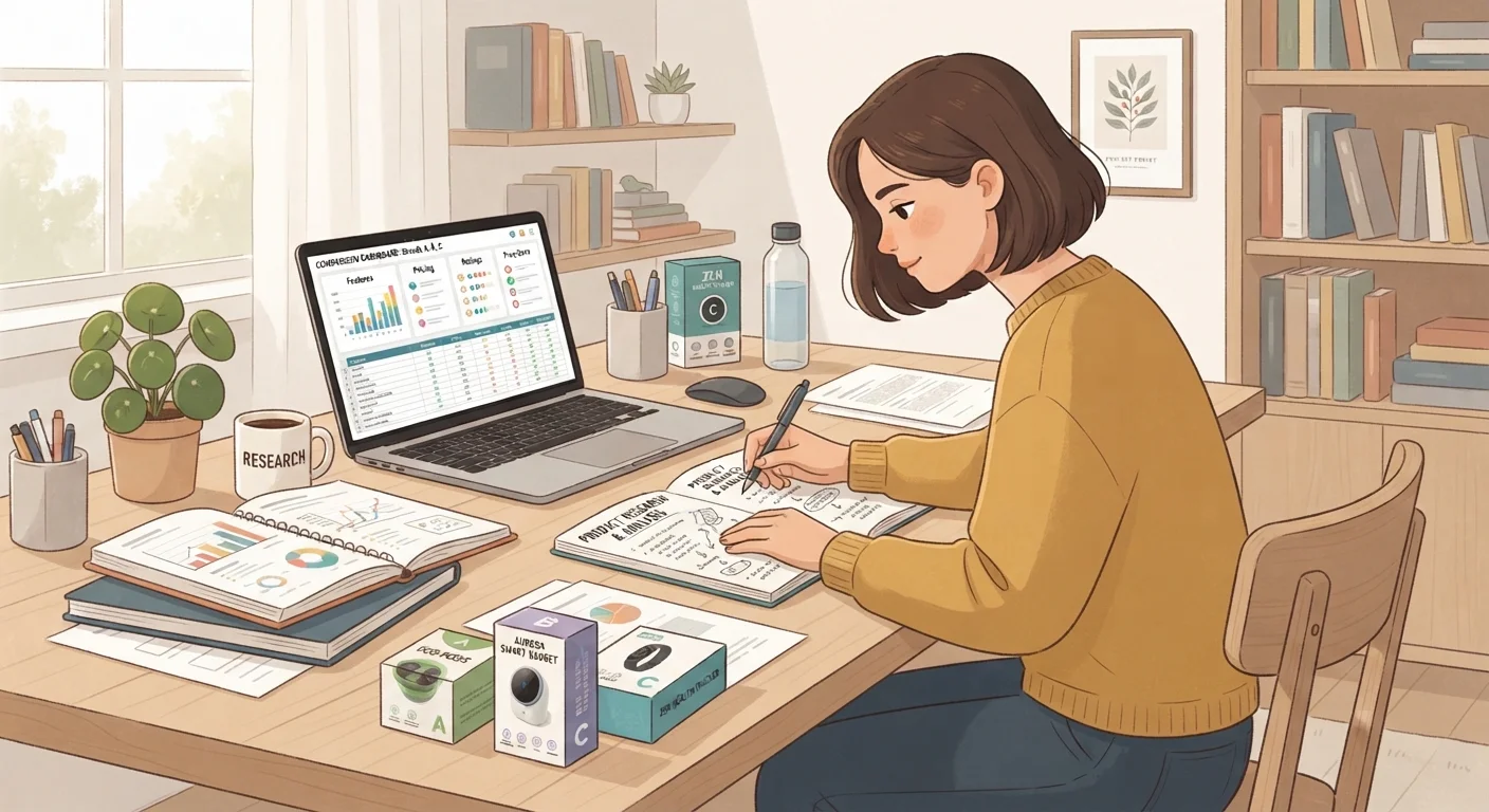 Person conducting structured product research at an organized desk with comparison charts and notes