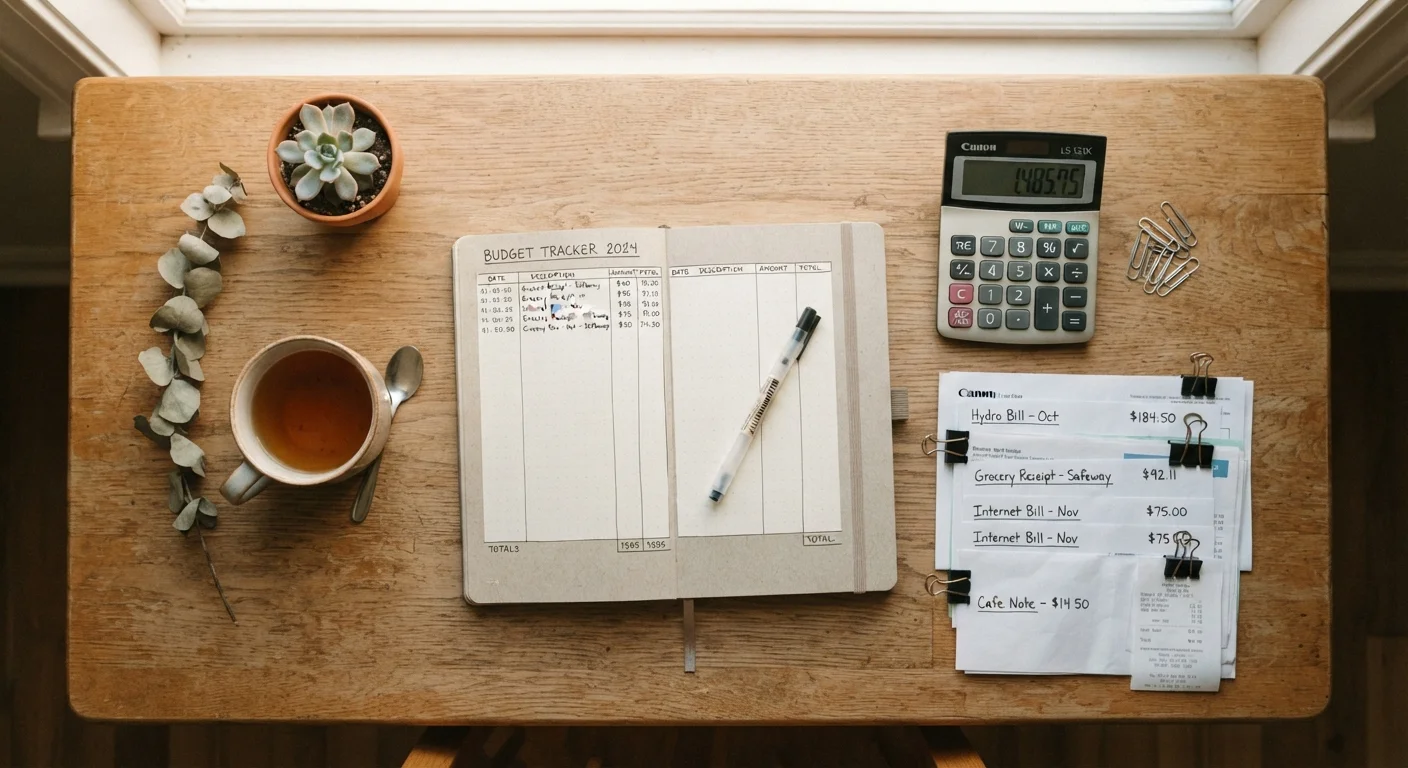 A household budgeting setup with notebook, calculator, and organized receipts on a table