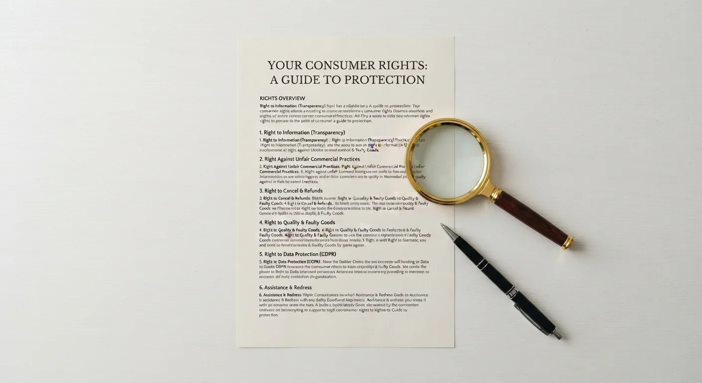 Magnifying glass resting on consumer rights documents with a pen on a white desk