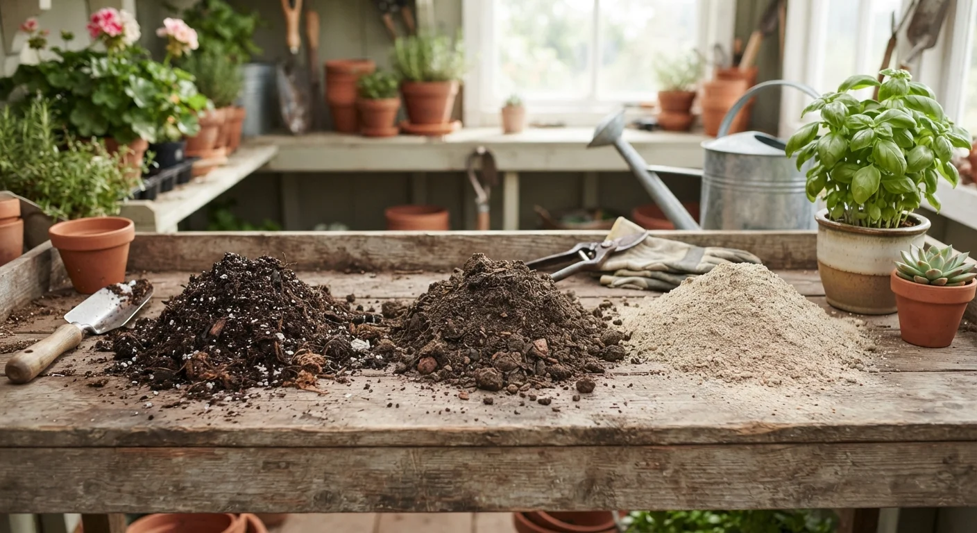 Three types of soil products — potting mix, garden soil, and topsoil — displayed side by side on a potting bench