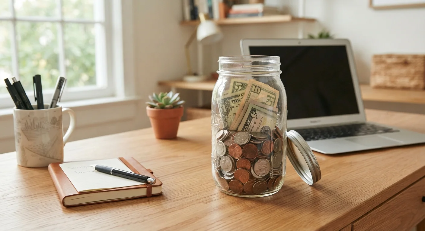 Glass jar filled with coins and cash on a wooden desk, representing an emergency fund