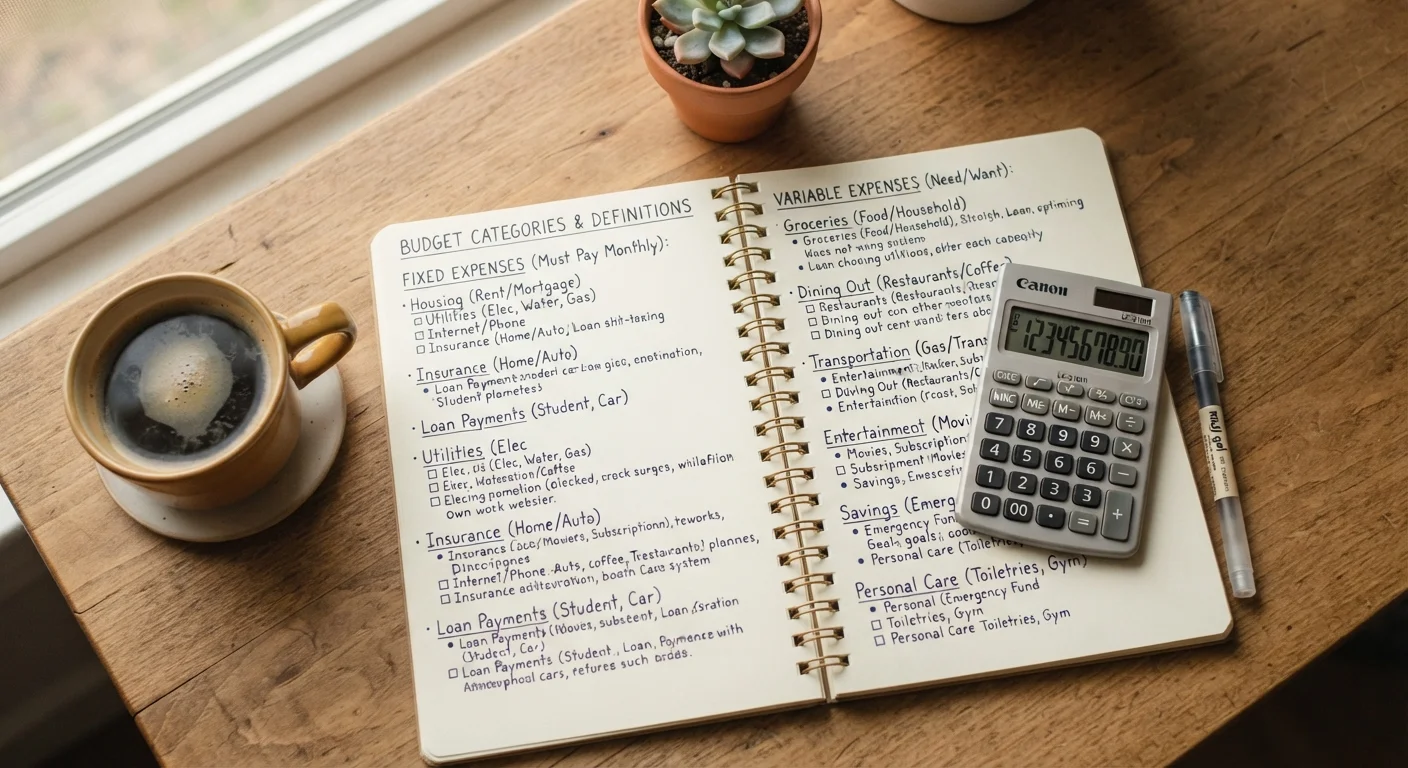 Open budget notebook with handwritten financial terms and definitions on a wooden desk