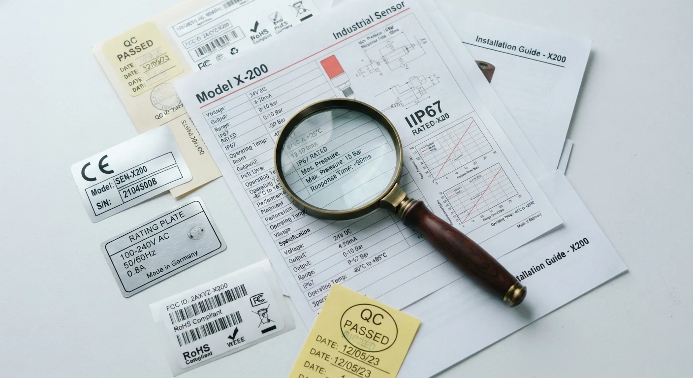 Product specification sheets and technical labels spread on a white surface with a magnifying glass