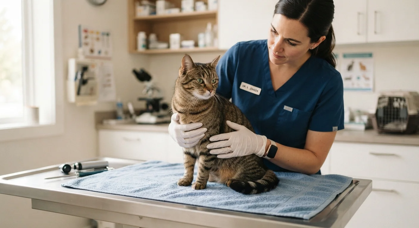 A tabby cat being gently examined by a veterinarian on a clinic table