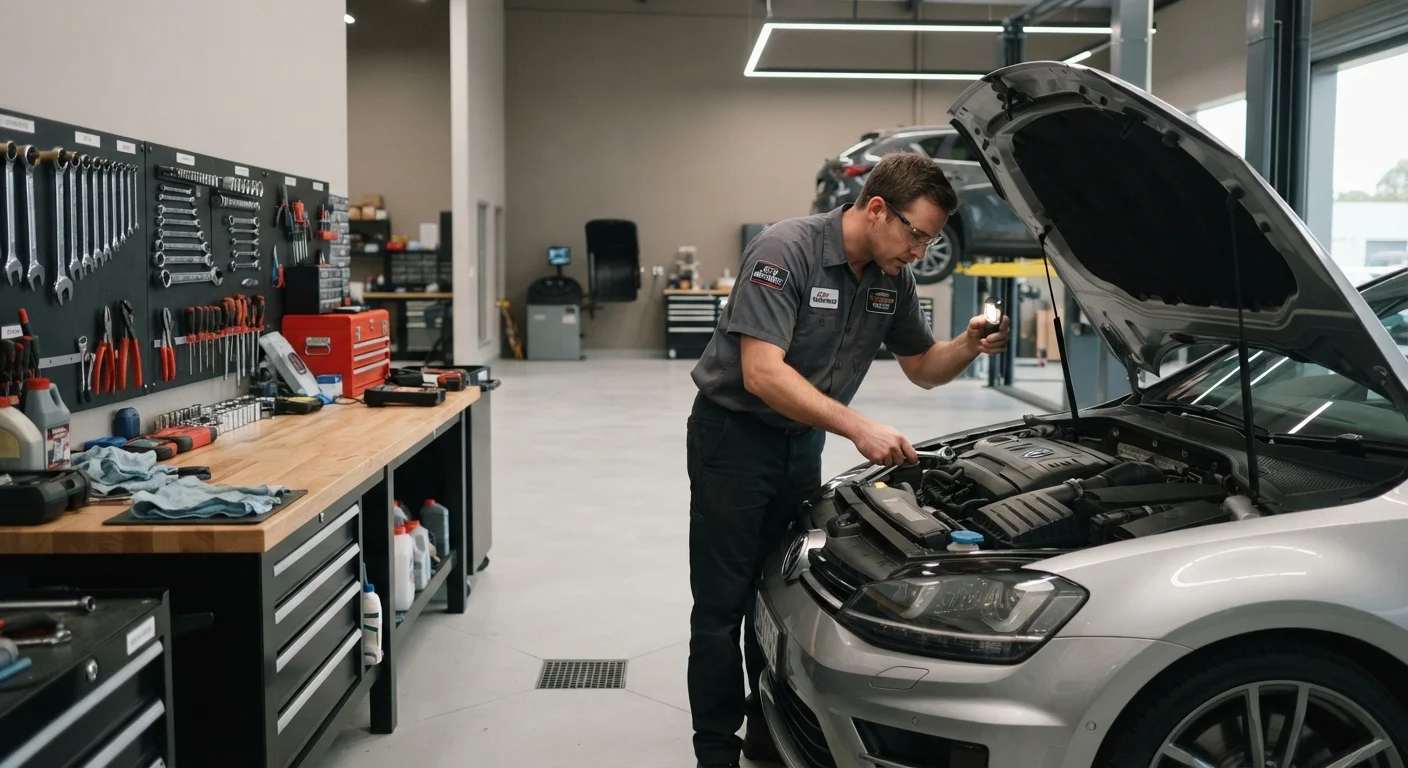 A mechanic carefully inspecting a car engine in a clean, professional garage workshop