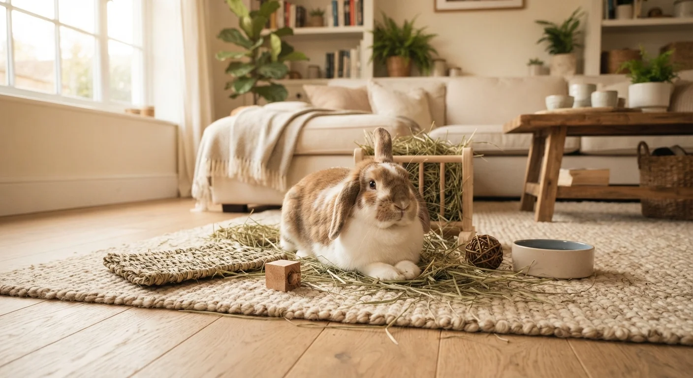 A domestic rabbit resting in a bright, clean living room with hay and enrichment toys nearby