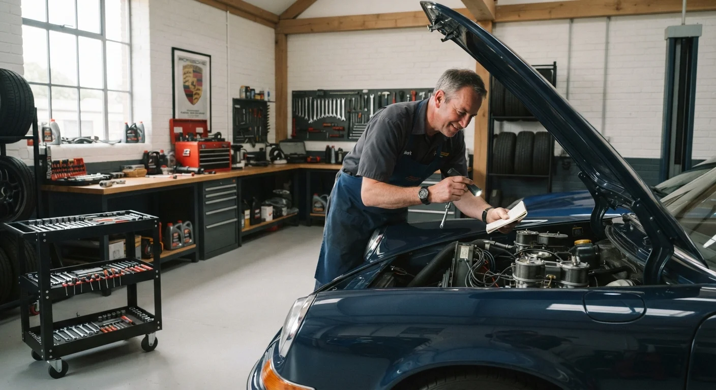 Driver inspecting open car hood in a clean garage with tools nearby