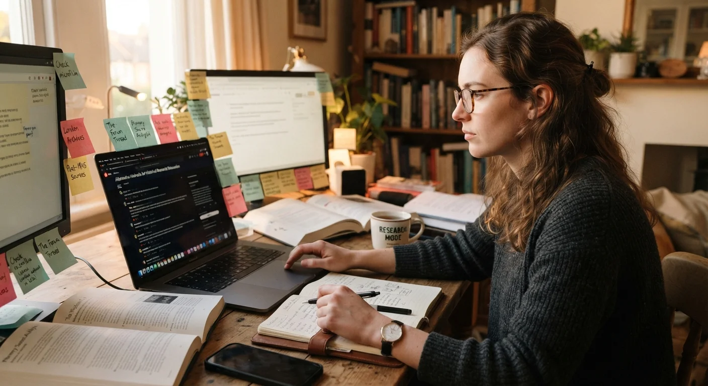 Person researching products on a laptop while reviewing community forum discussions and notes