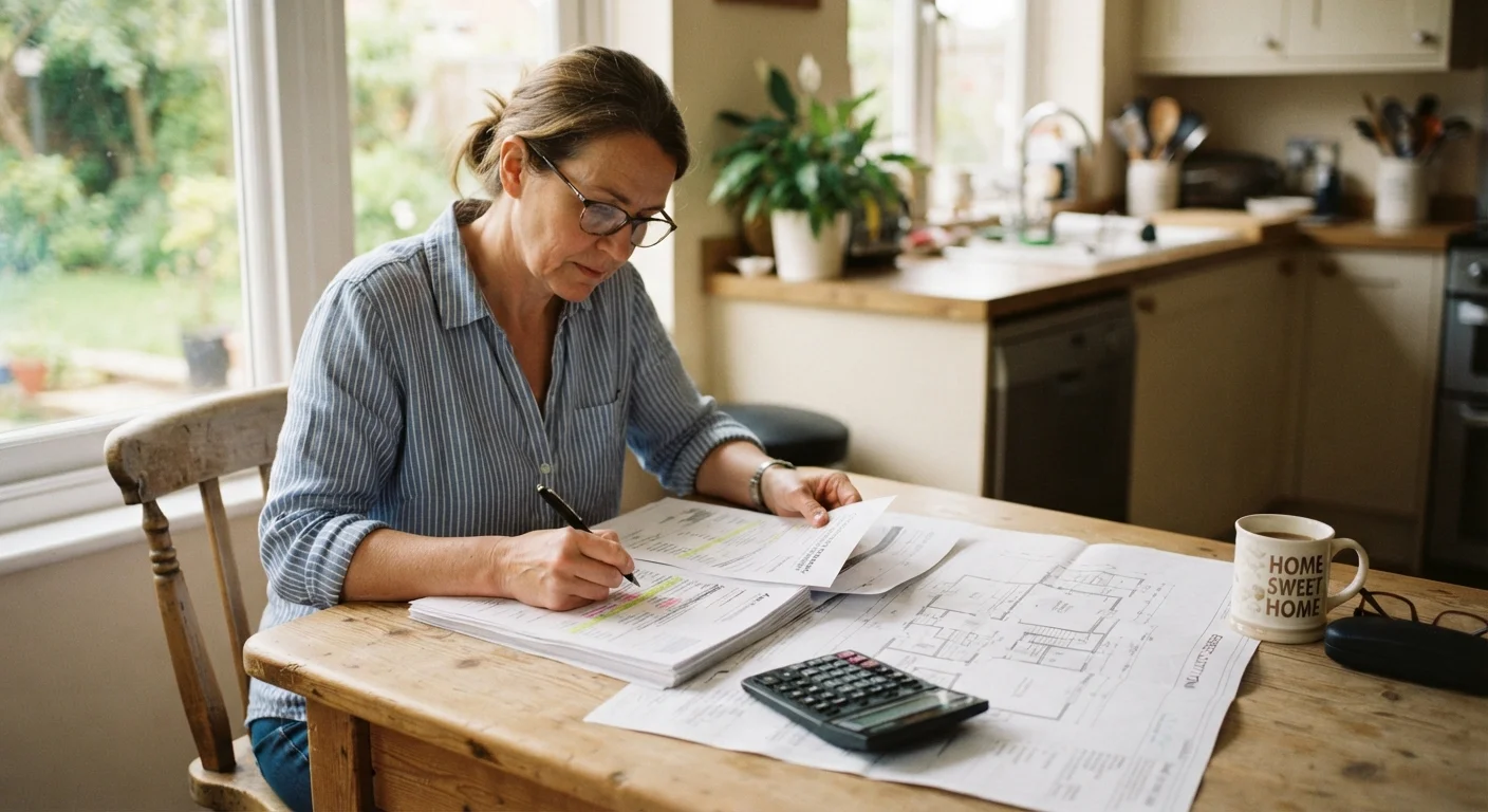 Homeowner reviewing a detailed contractor estimate at a kitchen table with blueprints