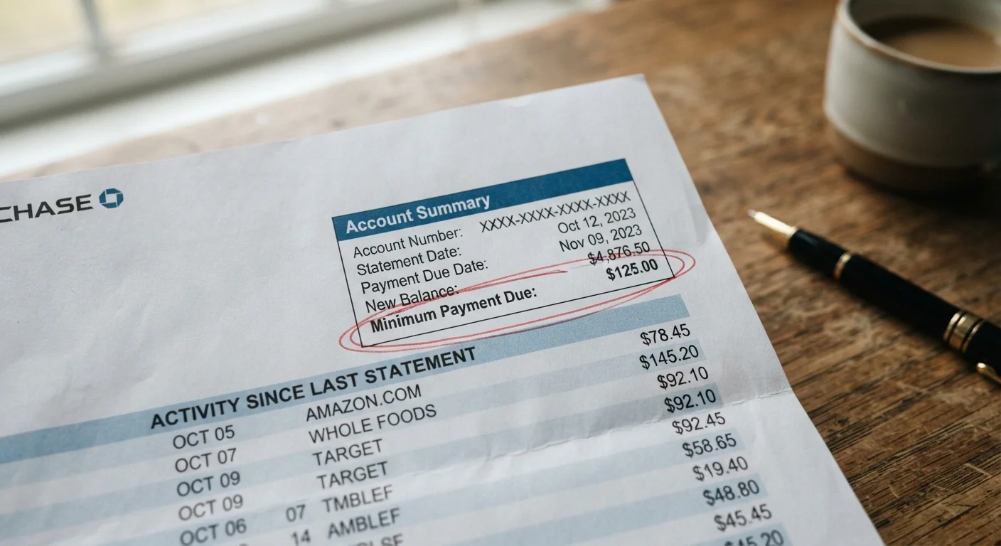 A credit card statement with the minimum payment due field circled in red pen on a desk