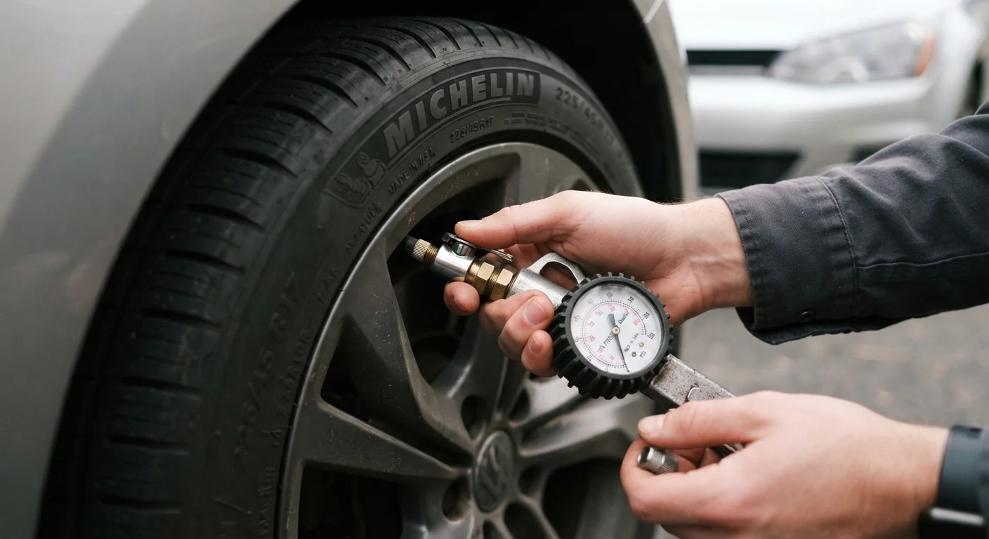 A hand pressing a tire pressure gauge onto a car tire valve stem to check PSI