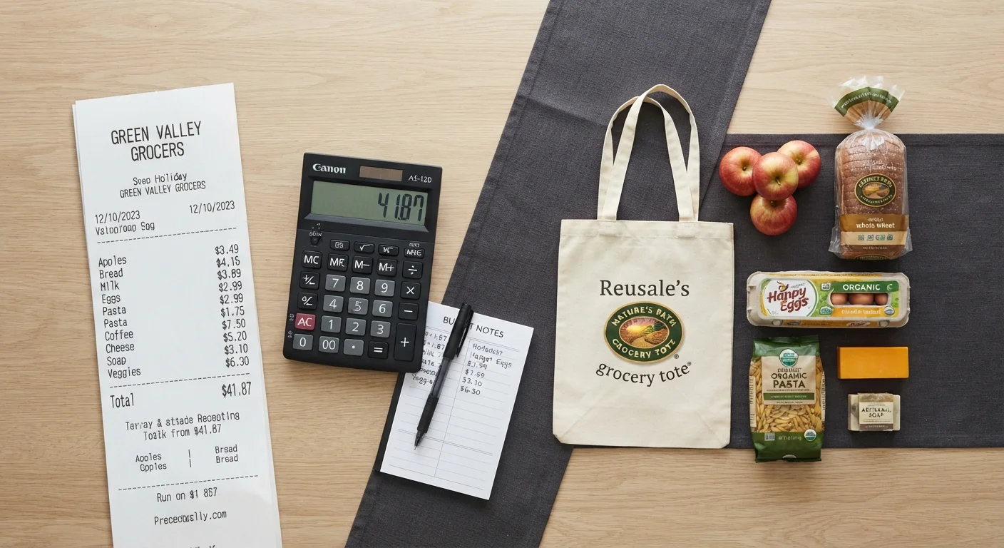 Calculator and itemized receipt beside everyday household products on a clean surface