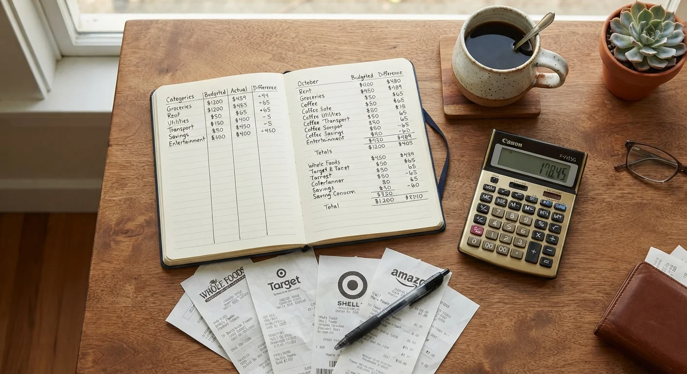 Open budget notebook with handwritten expense columns beside a calculator and receipts on a wooden desk