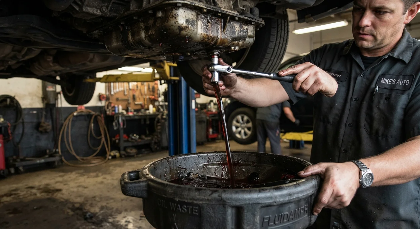 Mechanic draining old transmission fluid from a vehicle during a service appointment