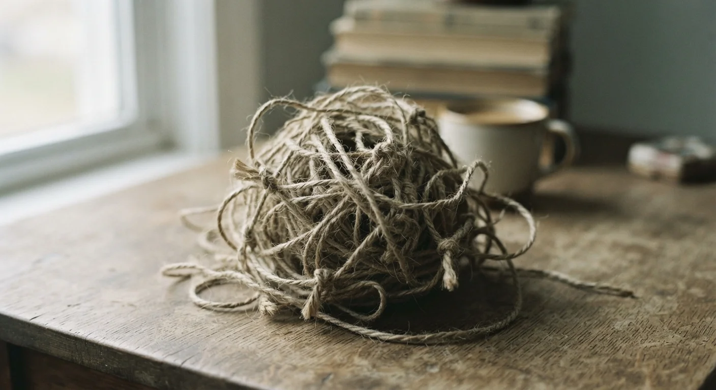 A tangled ball of rope on a desk symbolizing the complexity of debt traps