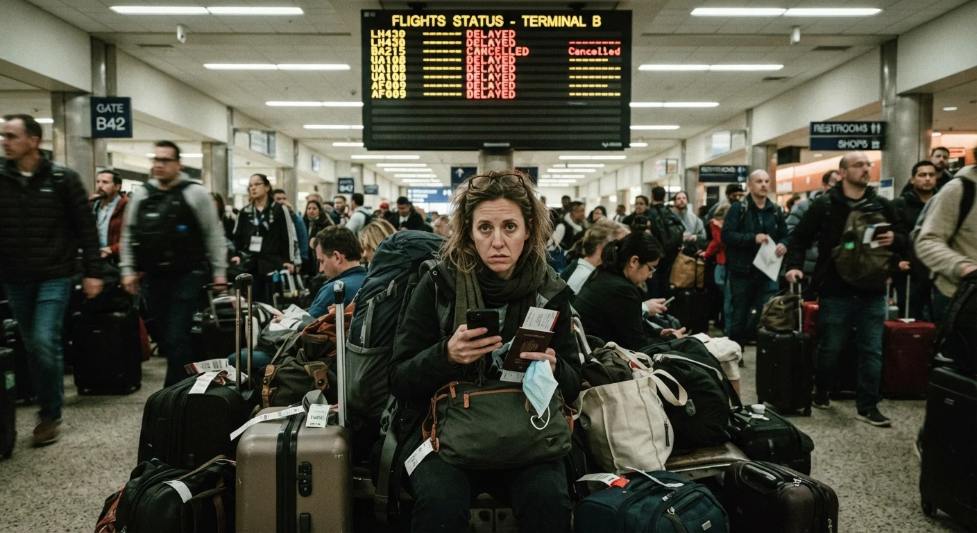 Stressed traveler with luggage at a busy airport departure hall with flight delay boards