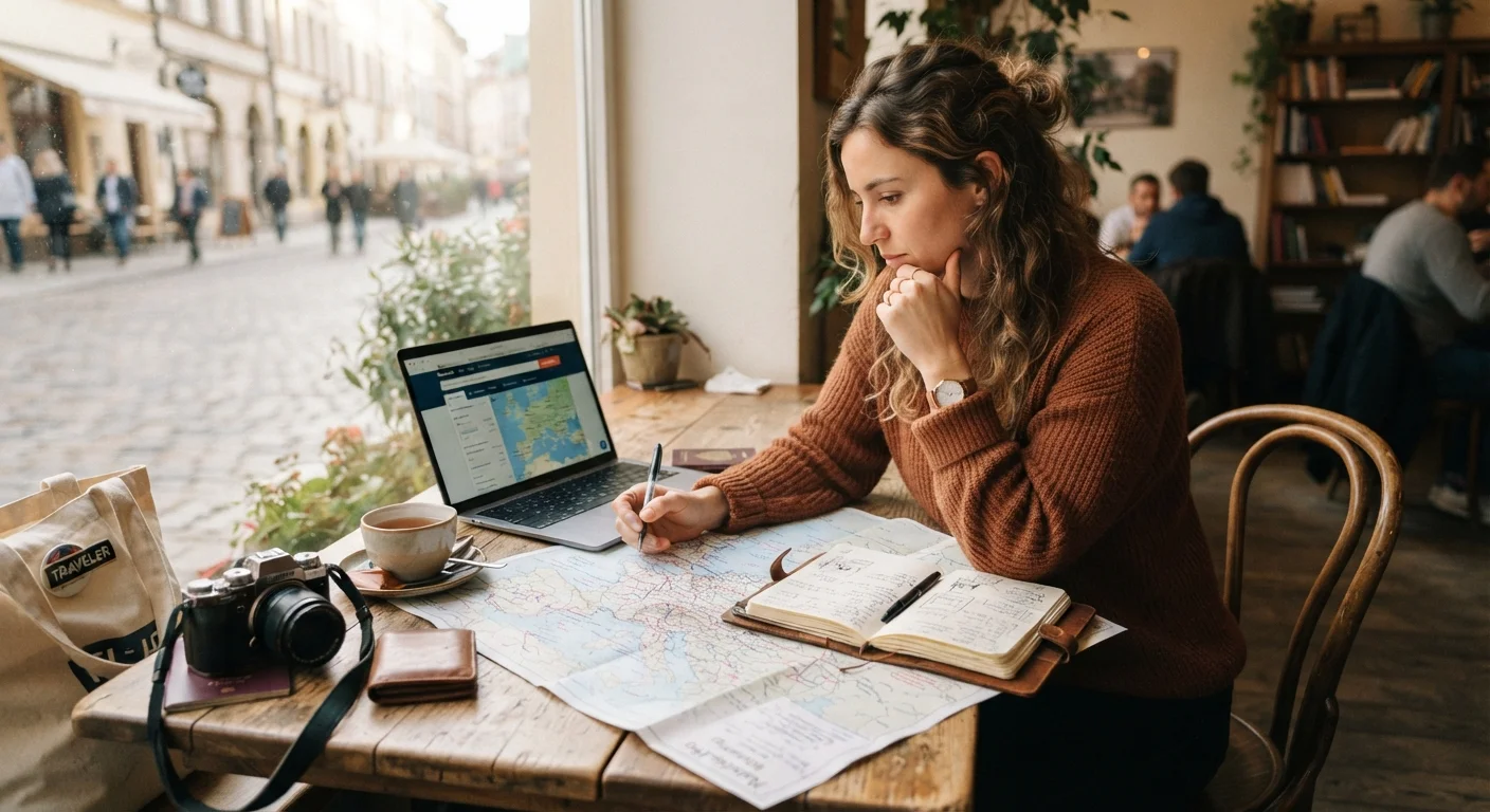 A traveler planning a trip with a map, notebook, and laptop on a wooden table