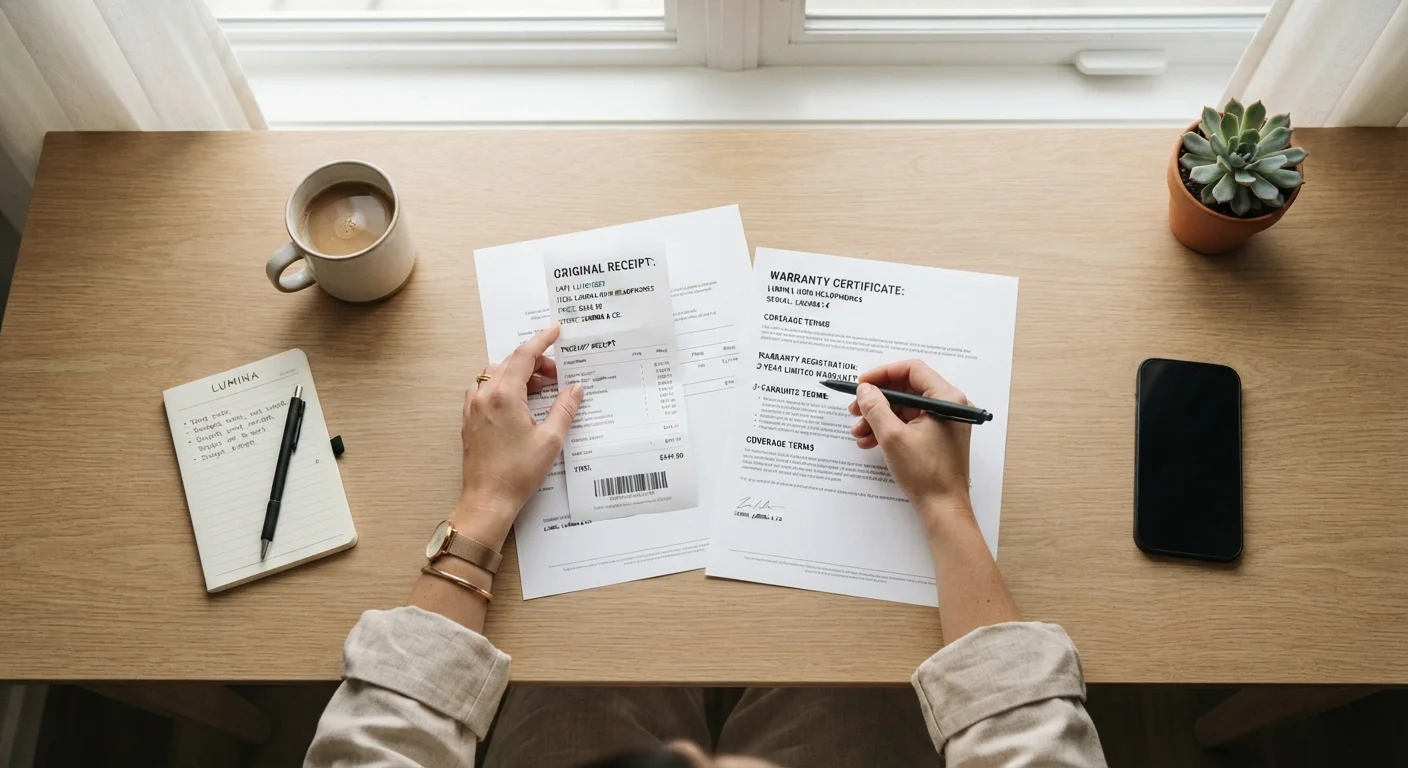 Person reviewing a warranty document and purchase receipt at a tidy desk