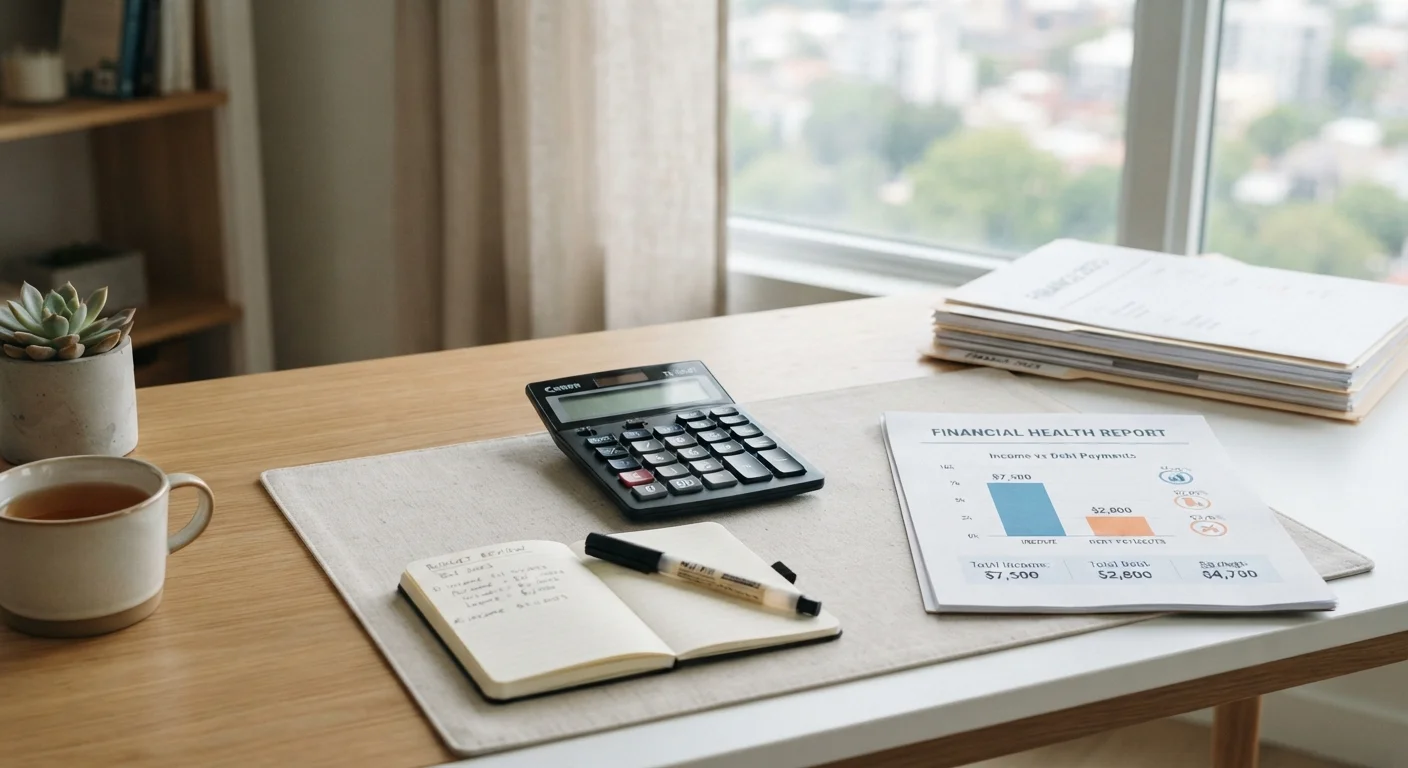 Calculator and financial documents on a desk illustrating debt-to-income ratio calculations