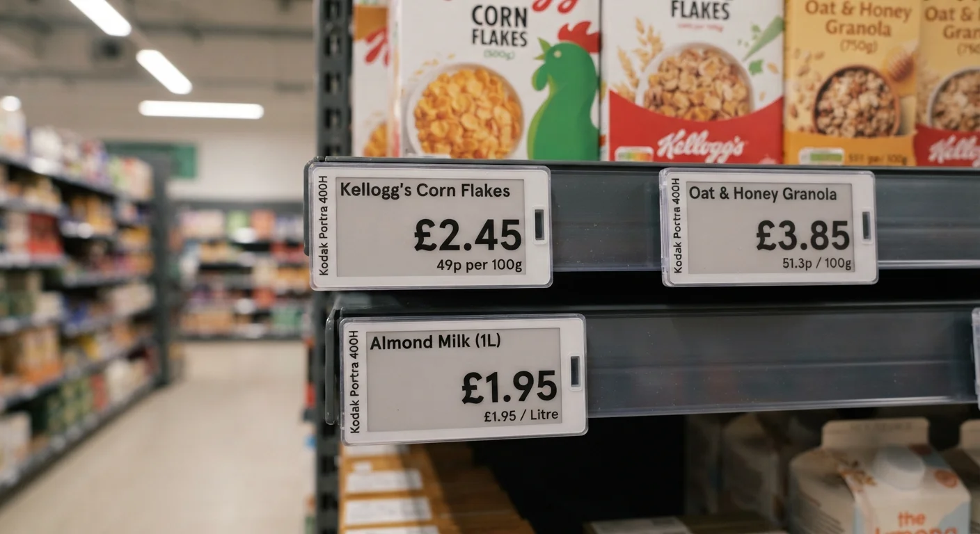 Grocery store shelf displaying price tags with unit pricing information per ounce